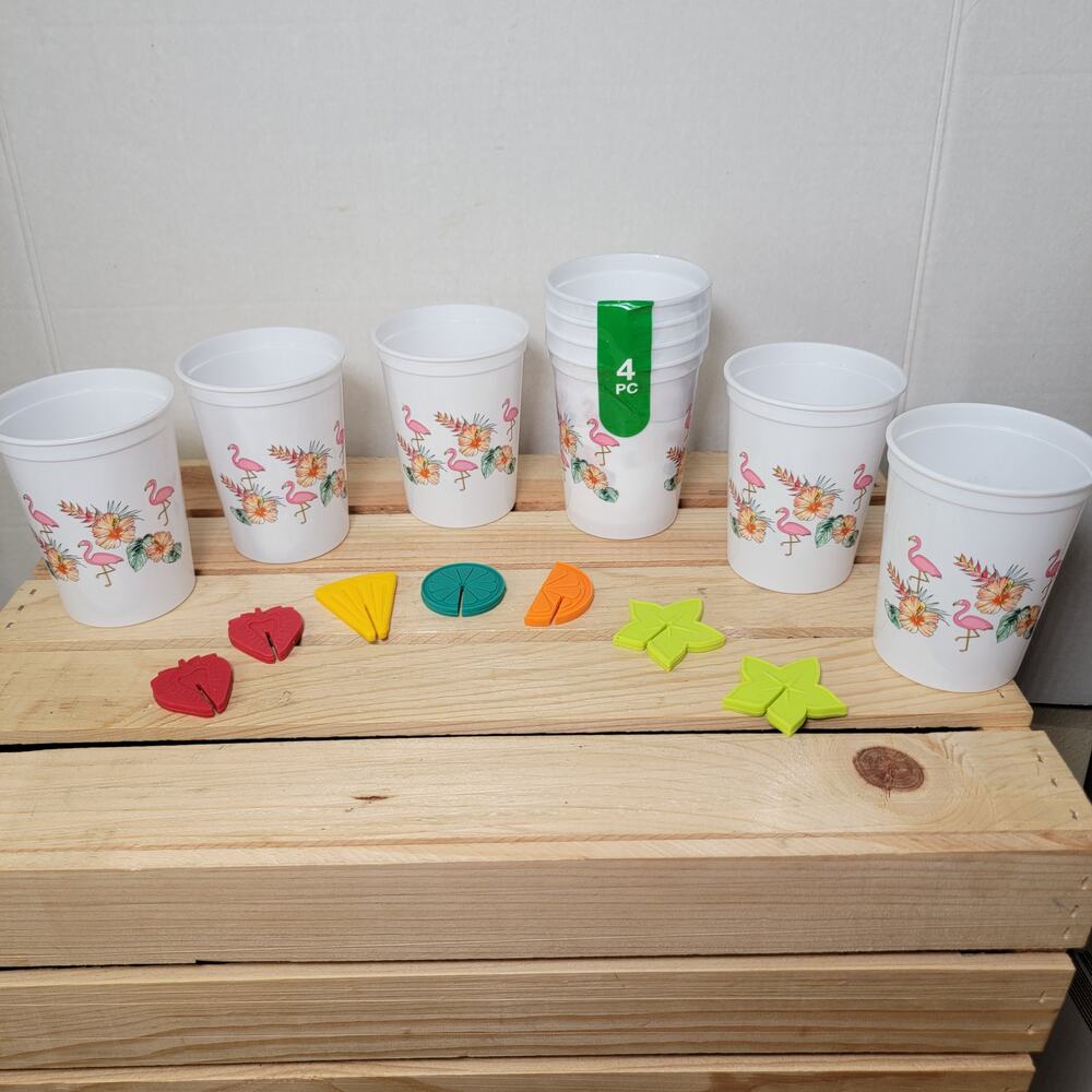 Set of 9 Tropical Plastic Party Cups w/ Flamingos and 7 Cup Markers
